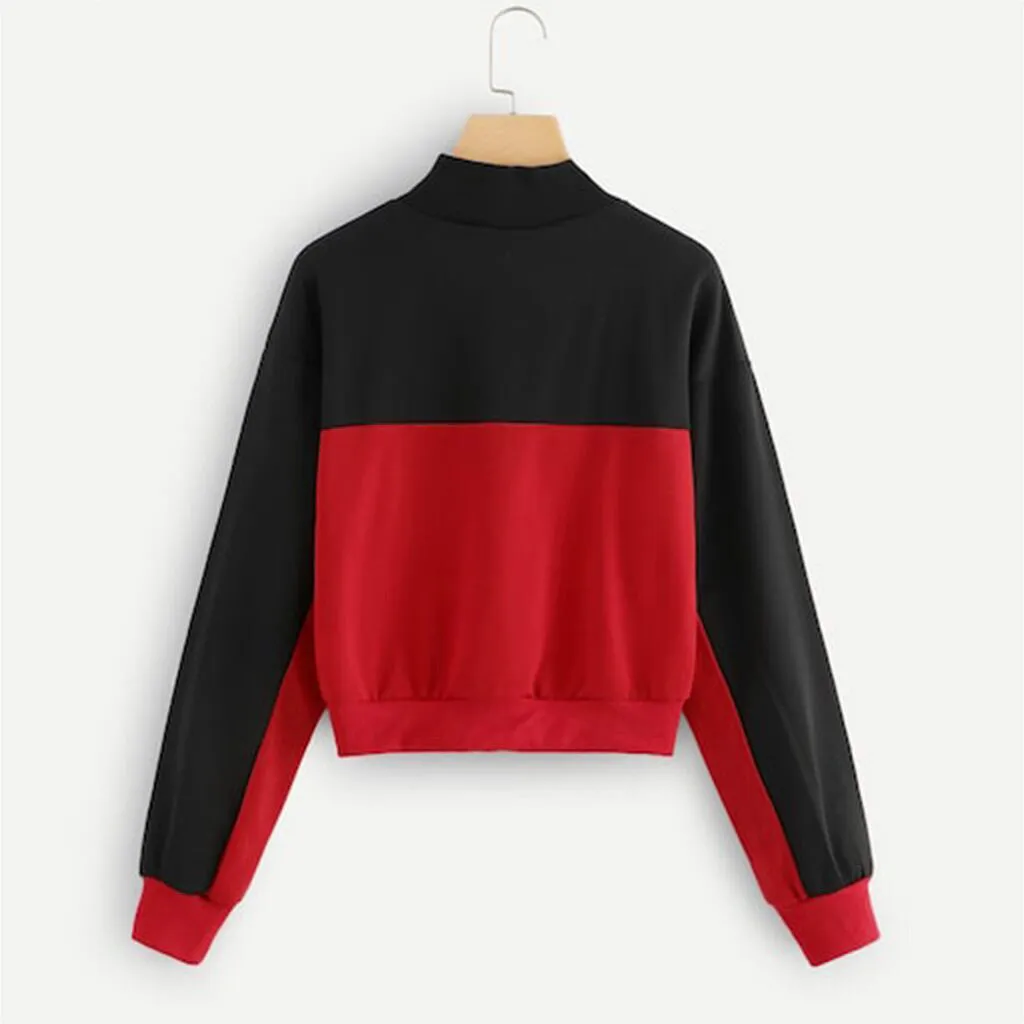 Jaycosin 2019 Fashion Autumn Women Simple Loose Colorblock Zipper Sweatshirt Stylish Long Sleeve Comfortable Casual Blouse 108#4