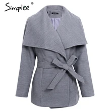 Женское шерстяное пальто Simplee, повседневный шерстяной жакет с поясом-кушаком, женское короткое свободное пальто с отложным воротником