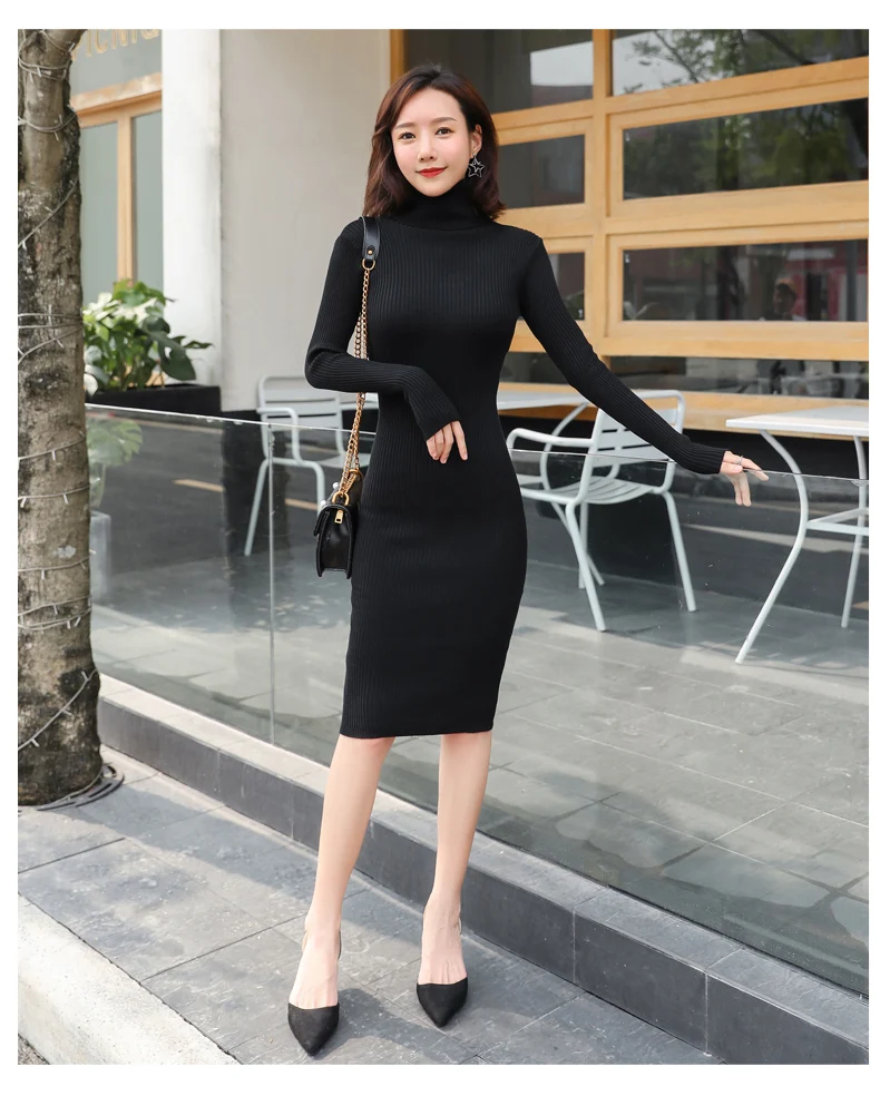 Корейский Осенний свитер платье женские вязаные свитера платья женские низ с высокой талией платье элегантные женские платья-водолазки стрейч