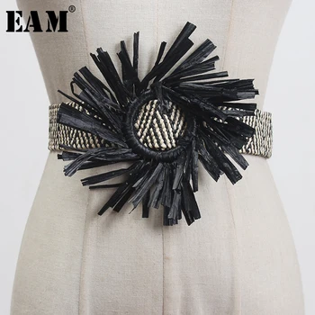 

[EAM] black Three-dimensional Flower Tassel Long Wide Belt Personality Women New Fashion Tide All-match Spring 2020 1X058