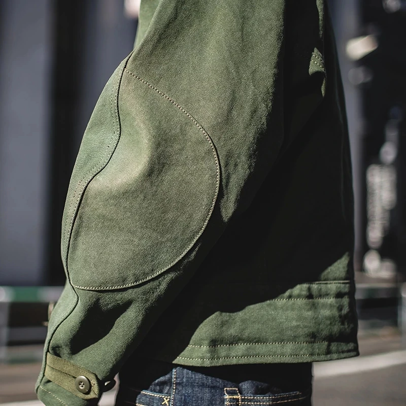Army Green Retro Jacket Misplaced Oblique Buckle Swedish Motorcycle Men's Jacket AMEKAJI Cotton Washed XXXL Jacket