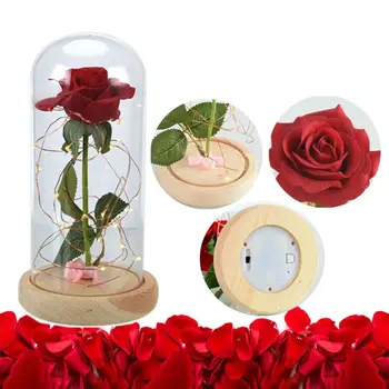 

Simulation Rose Everlasting Flower Light String Wood Stand Glass Cover Wedding Party Desktop Decor Valentine Gift Q0KF