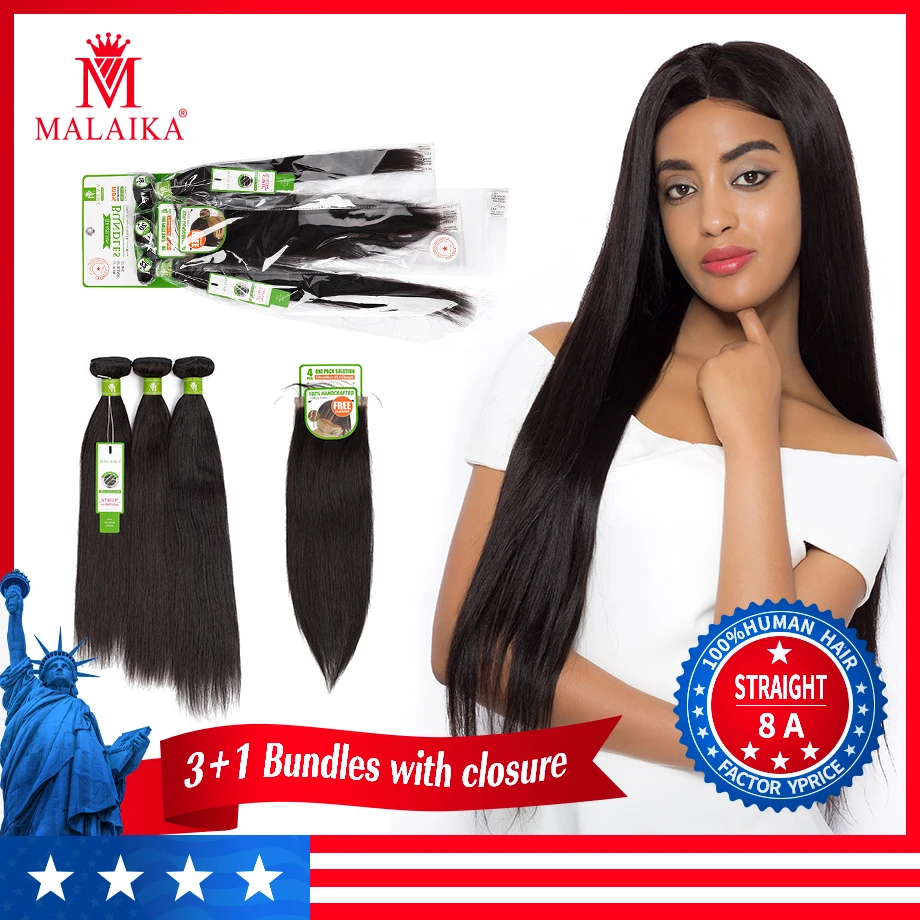 MALAIKA прямые пряди с закрытием бразильские волосы плетение не Remy человеческие 3 4x4