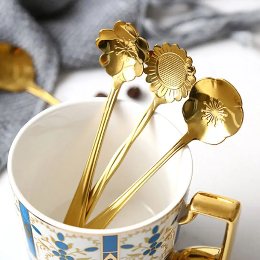 8 шт. цветочный дизайн Золотая ложка с длинной ручкой десерт чай Смешивание Кофе ложка из нержавеющей стали винтажные чайные ложки посуда для напитков