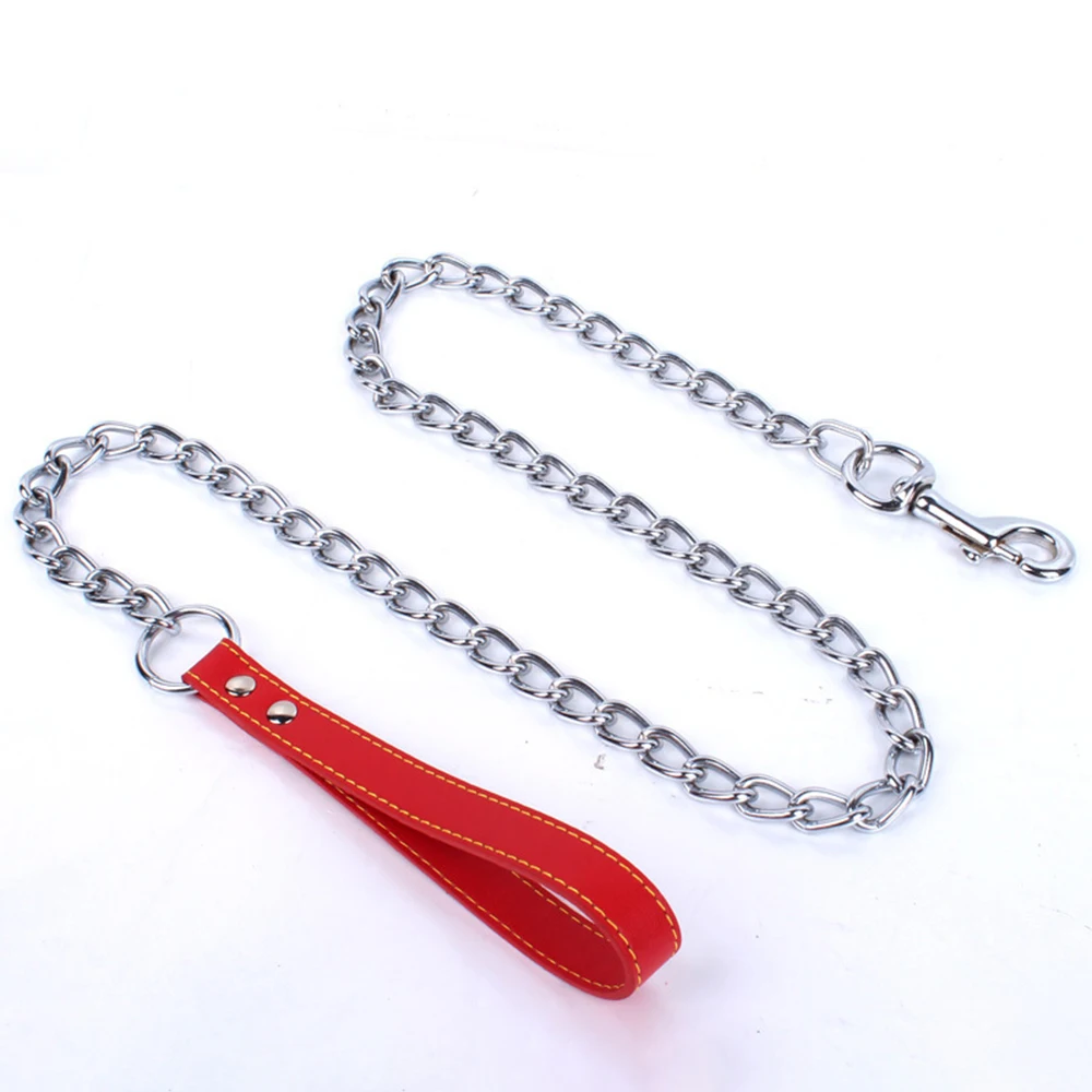 New Heavy Duty Metal Chain Dog Lead With Leather Handle Long Strong Control Leash Outdoor Pet Traction Rope Anti Bite Chain