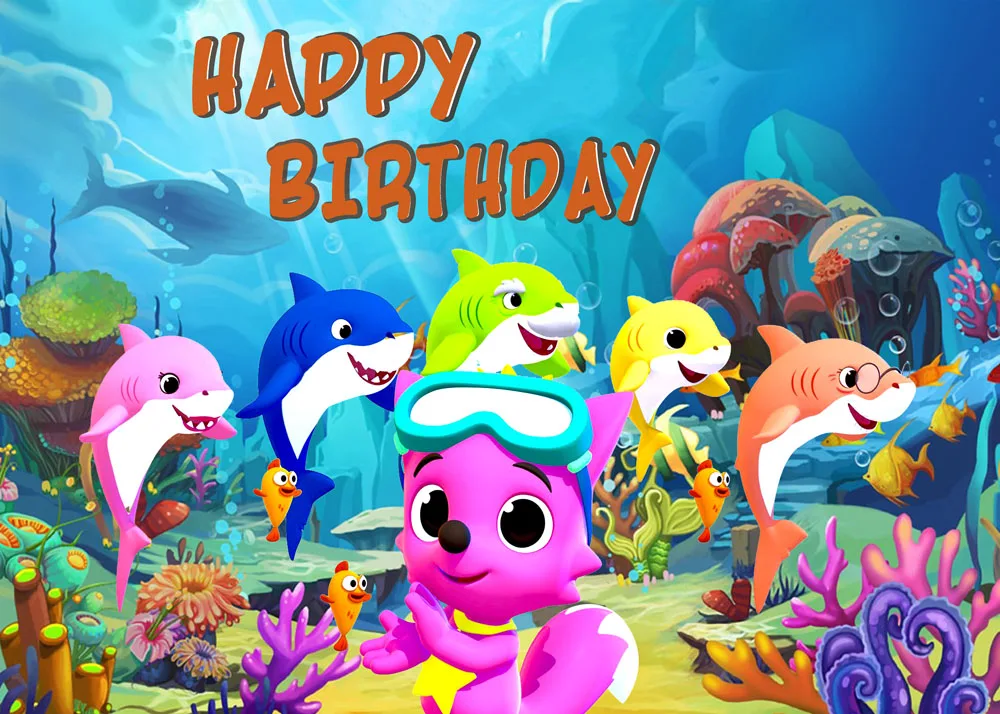

Baby Shark Family Theme Happy Birthday Party Photography Backdrops Cartoon Animals Photo Background Studio Props Vinyl 7x5ft