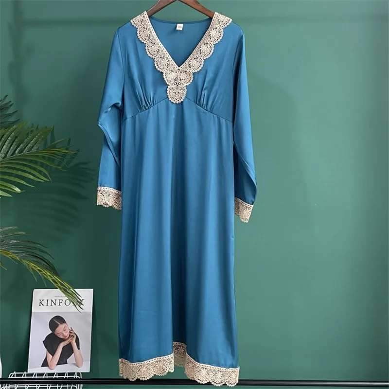 

Sexy Lace Trim Silk Satin Bride Nighties V-Neck Nightgown Nightdress Long Sleeve Sleepwear Nightwear For Women Nightshirt