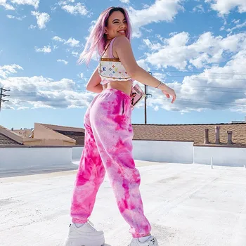 

HOUZHOU Pink Tie Dye Printed Sweatpants Women Joggers Streetwear Trousers Women 2020 Autumn High Waist Trousers for Women