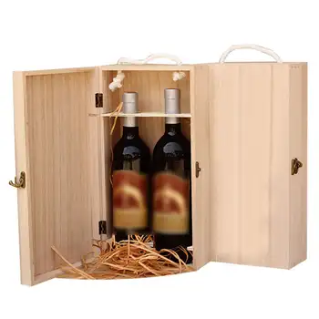 

New Vintage Natural Wood 2 Red Wine Bottle Box Carrier Crate Case Carrying Display Packing Holder Birthday Party Gift 35*19*10cm