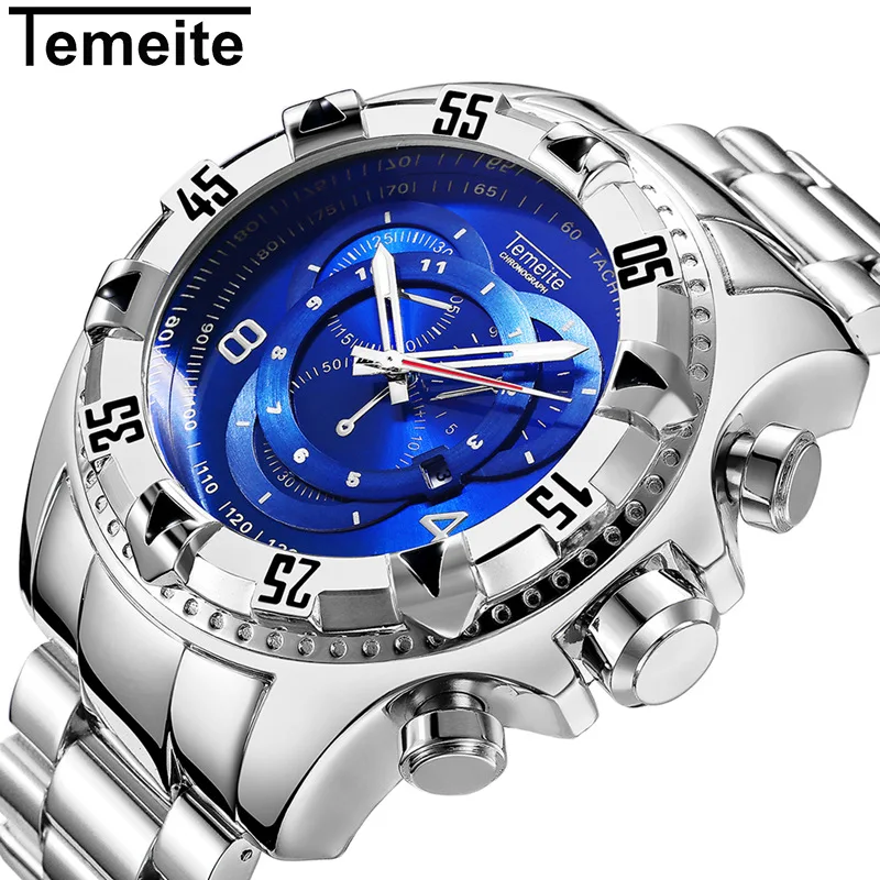Temeite мужские часы роскошные золотые часы Мужские кварцевые часы с большим циферблатом бизнес военные водонепроницаемые спортивные наручные часы Relogio Masculino