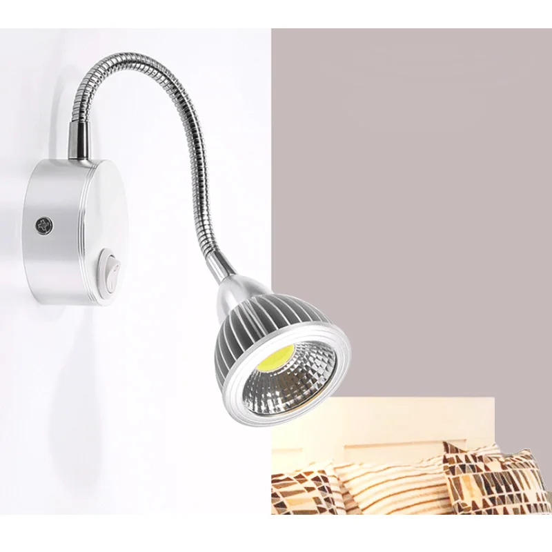 Wall Lamp 5W 7W Home Hotel Loft Bedside Reading Book Black Silver Light Flexiable ON/OFF Switch 90-260V Spot LED Bulb 6