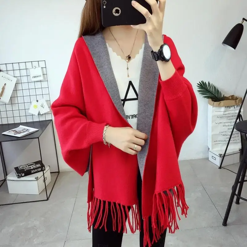 2021 Spring And Autumn Mid-length Hooded Cape Shawl Sweater Fringed Jacket Women's Bat Shirt |