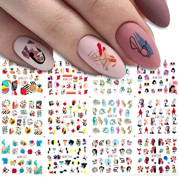 

12 style Color block Pattern Water Nail Transfer Stickers Women Face Sketch Abstract Image Nail Slider Decals Decoration newest