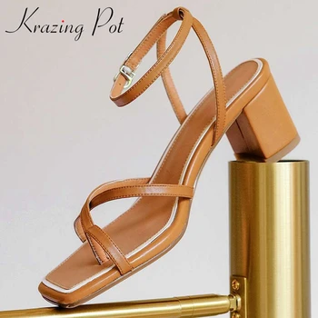

Krazing pot handmade full grain leather flip-flop high heels brand shoes European design beauty lady dating sandals women L56