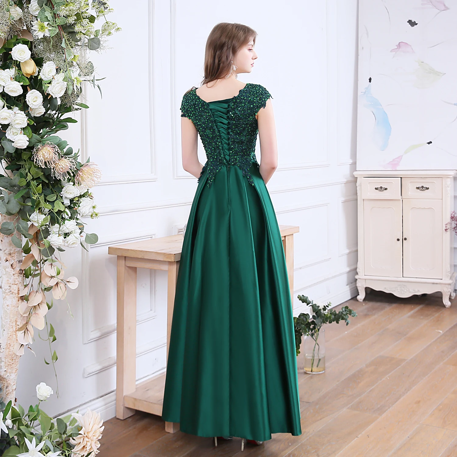 SSYFashion Новое роскошное вечернее платье, для банкета элегантное зеленое атласное кружевное платье, расшитое блестками, с длинными официальная Вечеринка платья Платья для специальных торжеств