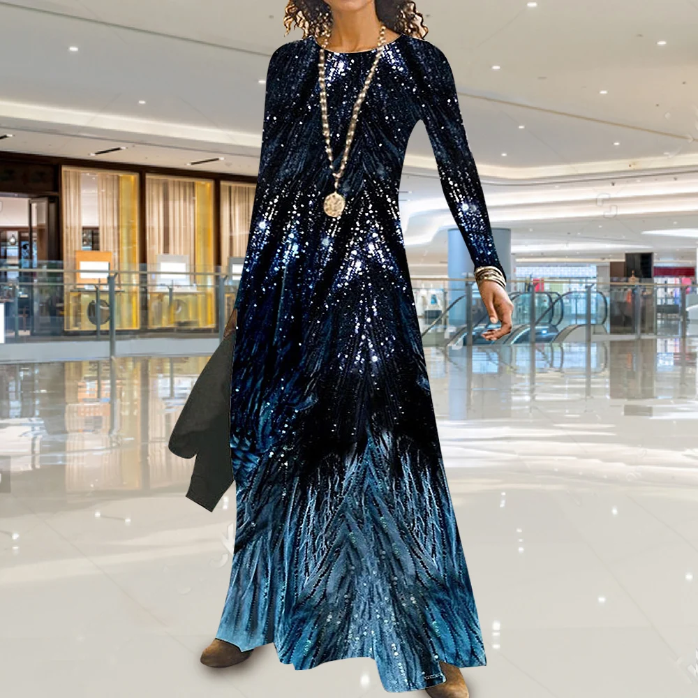 Women Loose Vintage Printed Long Full Sleeve Dress Large Big Spring Casual Party Maxi Fashion Dresses