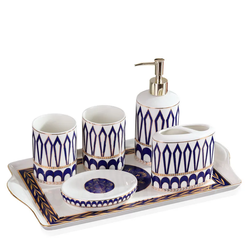6 Pieces Set Набор аксессуаров для ванной комнаты, керамические дозаторы для мыла, держатель для зубной щетки, чашки для полоскания, мыльница с подносом, 6 шт. в комплекте, свадебные подарки - Цвет: 6 Pieces Set