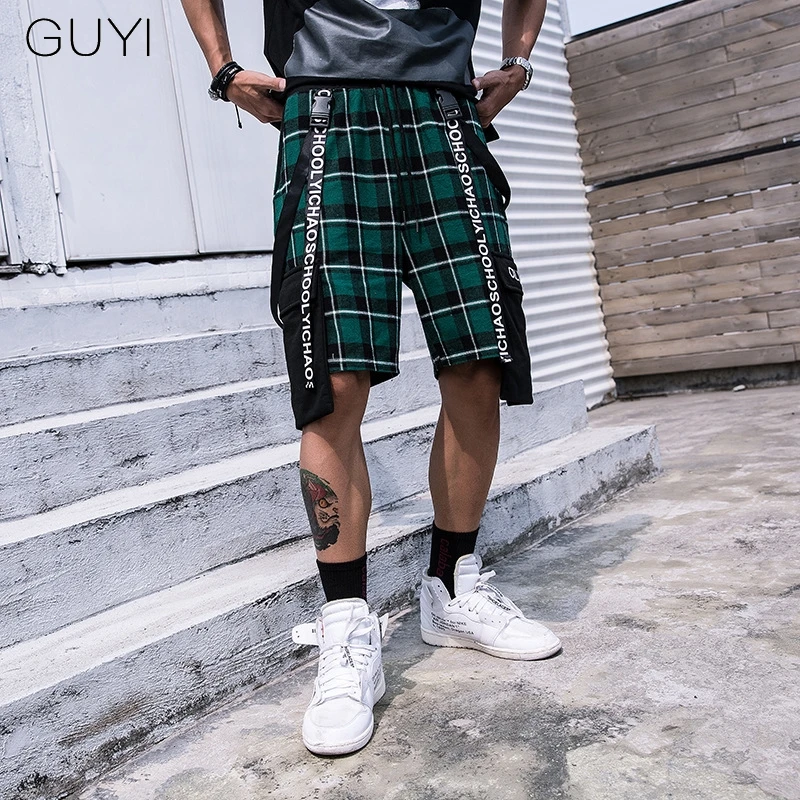 Green Shorts Повседневные мужские спортивные шорты в клетку с буквенным принтом в стиле хип-хоп, спортивные шорты с карманами, мужские уличные брюки с лентами - Цвет: Green Shorts