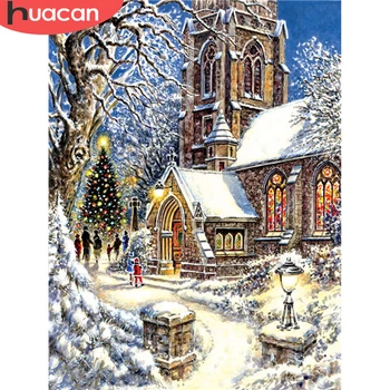 

HUACAN Full Drill Diamond Painting House Diamond Embroidery Winter Landscape Mosaic Christmas Decorations Wall Art