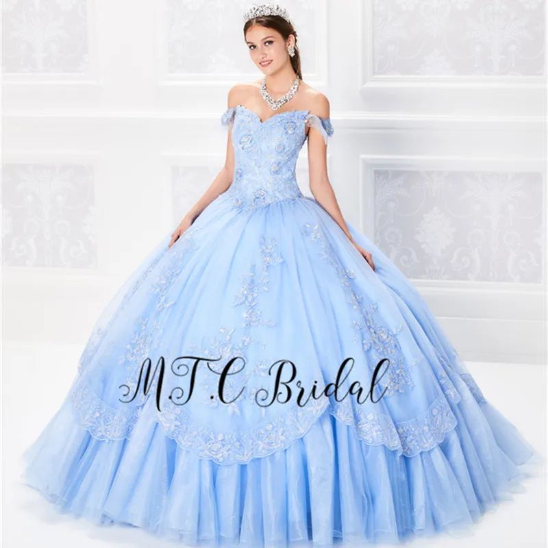 

Graceful Mint Blue Princess Quinceanera Dresses Off The Shoulder Corset Puffy Tulle Quinceanera Party Dress Custom Made