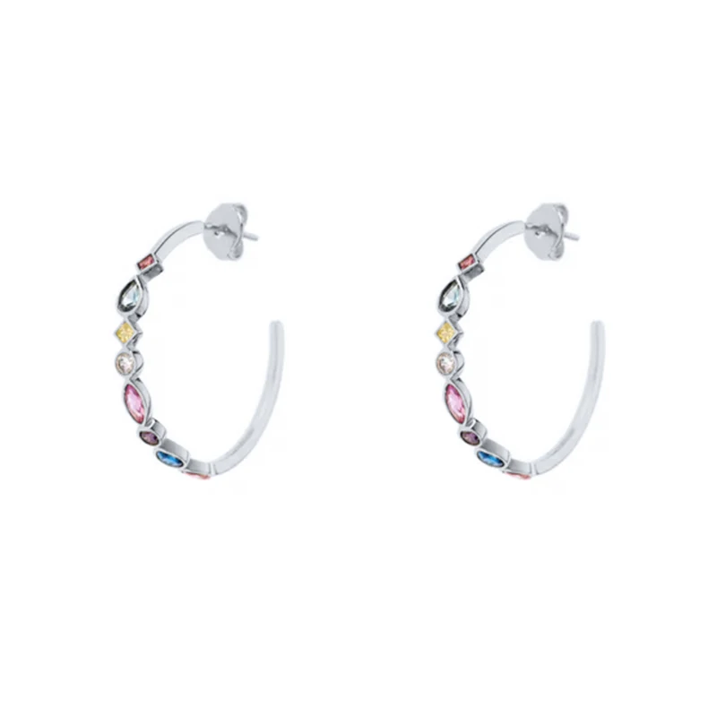 BOAKO 925 Sterling Silver Colorful Crystal Circle Hoop Earring Rainbow Zircon C Shape Piercing Earring Women Luxury Jewelry Gift pearl necklace 925 Silver Jewelry