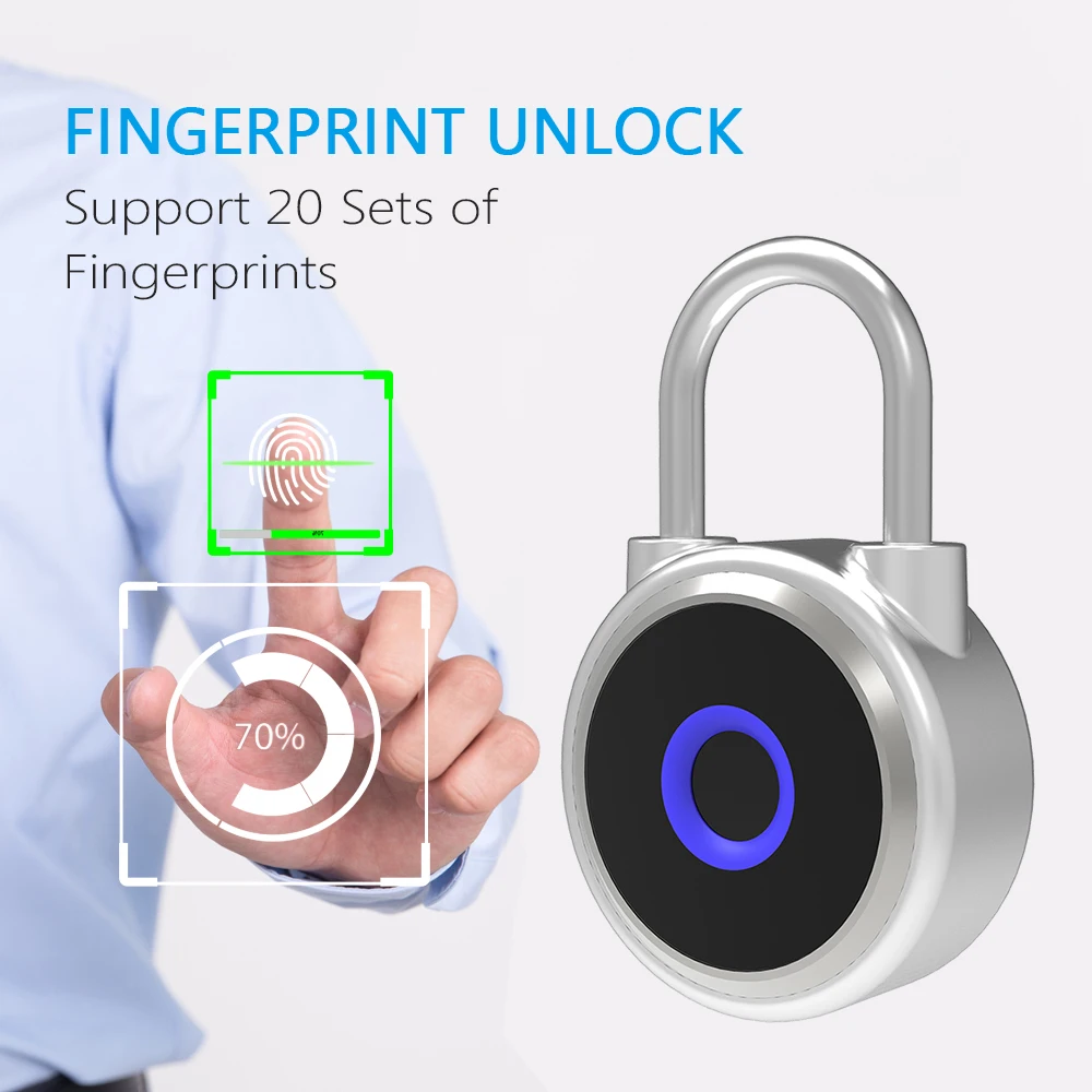

USB Rechargeable Fingerprint Padlock 20 Groups Fingerprints Smart Lock IP65 Waterproof for Lockers Bags Bicycle