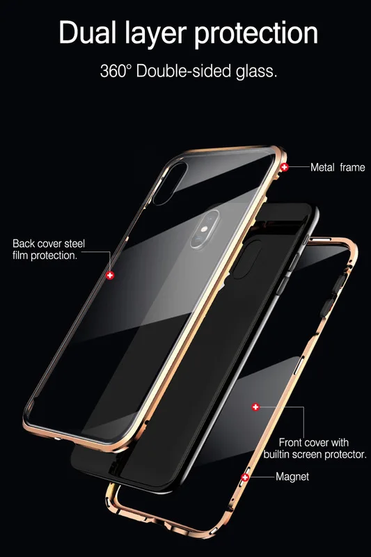 VZD металлический чехол с магнитной адсорбцией для iphone x, xr, xs, max6 Plus, задняя крышка из закаленного стекла на магните для iphone 7, 8 plus