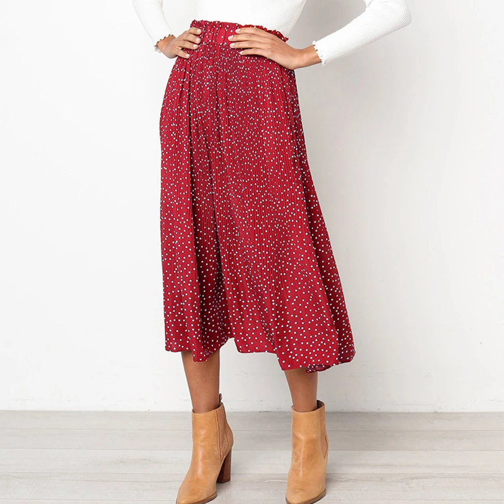 Повседневная мягкая офисная плиссированная Женская юбка в горошек из полиэстера в винтажном стиле средней длины с эластичными качелями, вечерние карманы