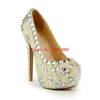 

Pearl Crystal Wedding Shoes Bride Rhinestone Round Toe Stiletto Heel Slip-on Wedding Pumps Handmade Platform 160mm Heel