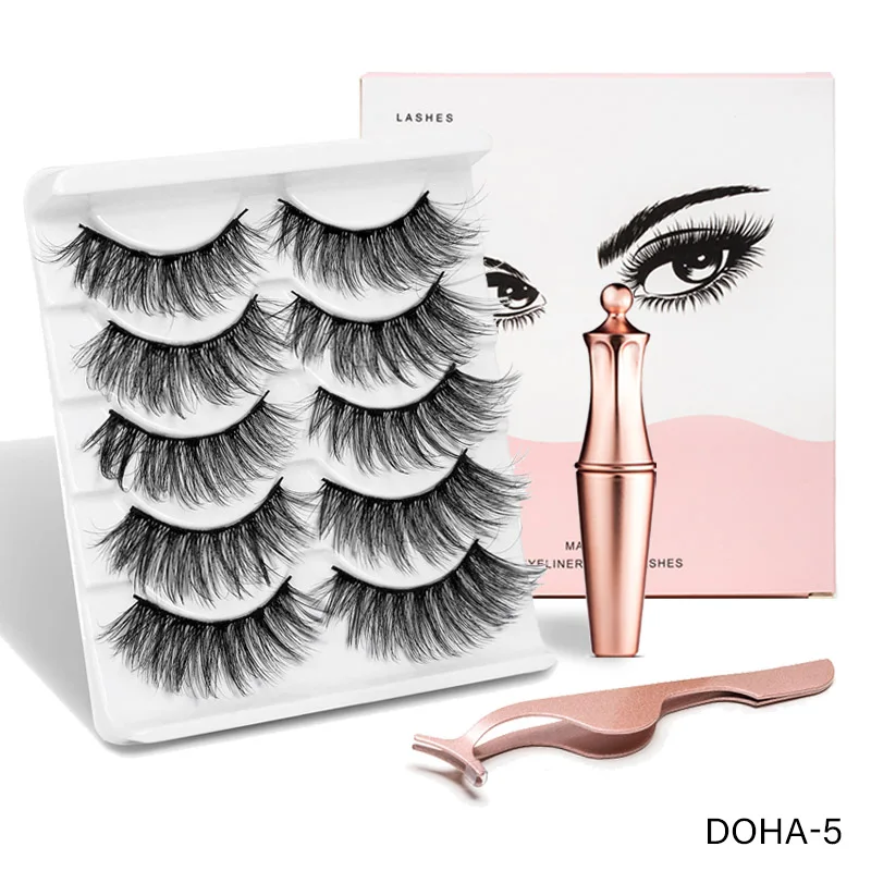 DOHA SEXYSHEEP 5 пар магнитных ресниц натуральный длинный Магнитный жидкий карандаш для глаз и магнитные накладные ресницы и Пинцет Набор для макияжа - Цвет: DOHA