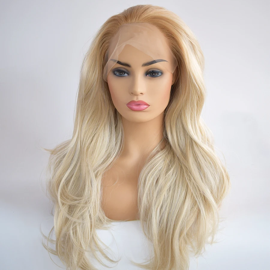 Парик блонд Омбре синтетические парики на кружеве для женщин коричневые корни натуральный волнистый длинный светильник блонд Платиновый парик Тепло OK 24"