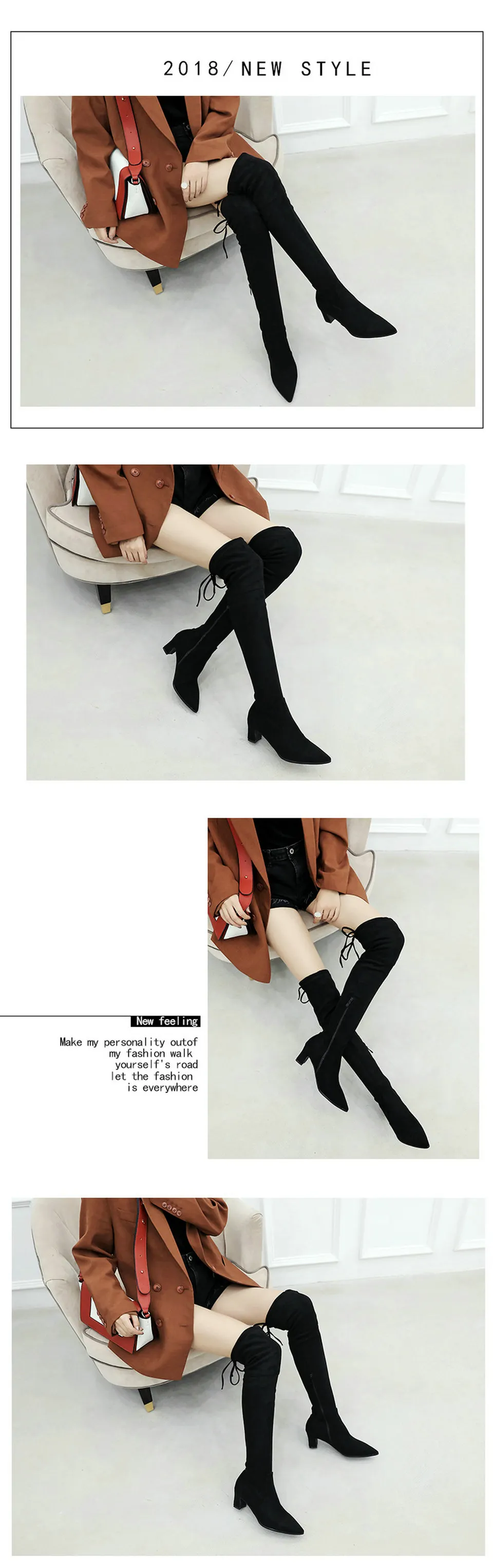 ENMAYER Over The Knee Boots Basic Pointed Toe Slip-On Faux Suede Slim Boots Fashion Winter Thigh High Boots Size 34-43