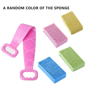 

1PCS Pink Silicone Bath Towel Belt + 1pcs Random Color Cartoon Print Children Bathing Sponge For Shower Body Cleaning