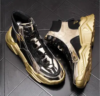 

trend gold Patent leather men high tops sneaker loafers Hip-hop web celebrity men Platform shoes fashion Ankle boots
