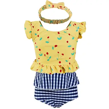 

Baby Girls Kids Summer 3PCS Swimwear Simple Swimsuits Baby Plaid Print Swimming Clothes Bathing Suit Beachwear Yellow Size S-2XL