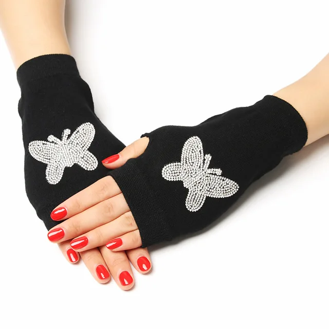 Sailor dance gloves Rivet wool gloves spring and autumn black half-finger gloves show gloves White butterfly