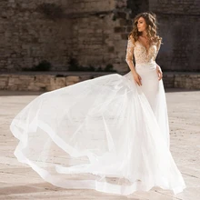 Elegancka suknia ślubna syrenka 2020 plaża z długim rękawem 2 Em 1 zroszony aplikacje dekolt suknia ślubna dwuczęściowy Vestido De Novia