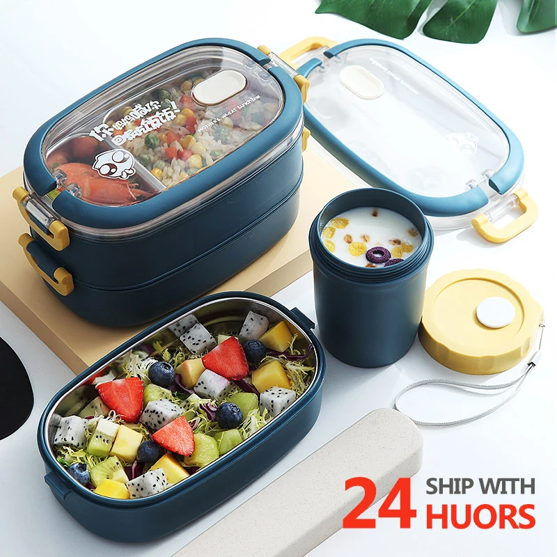 Bento box-fiambrera térmica de acero inoxidable 304 para niños, caja portátil de estilo japonés, con compartimentos, cajas para comida