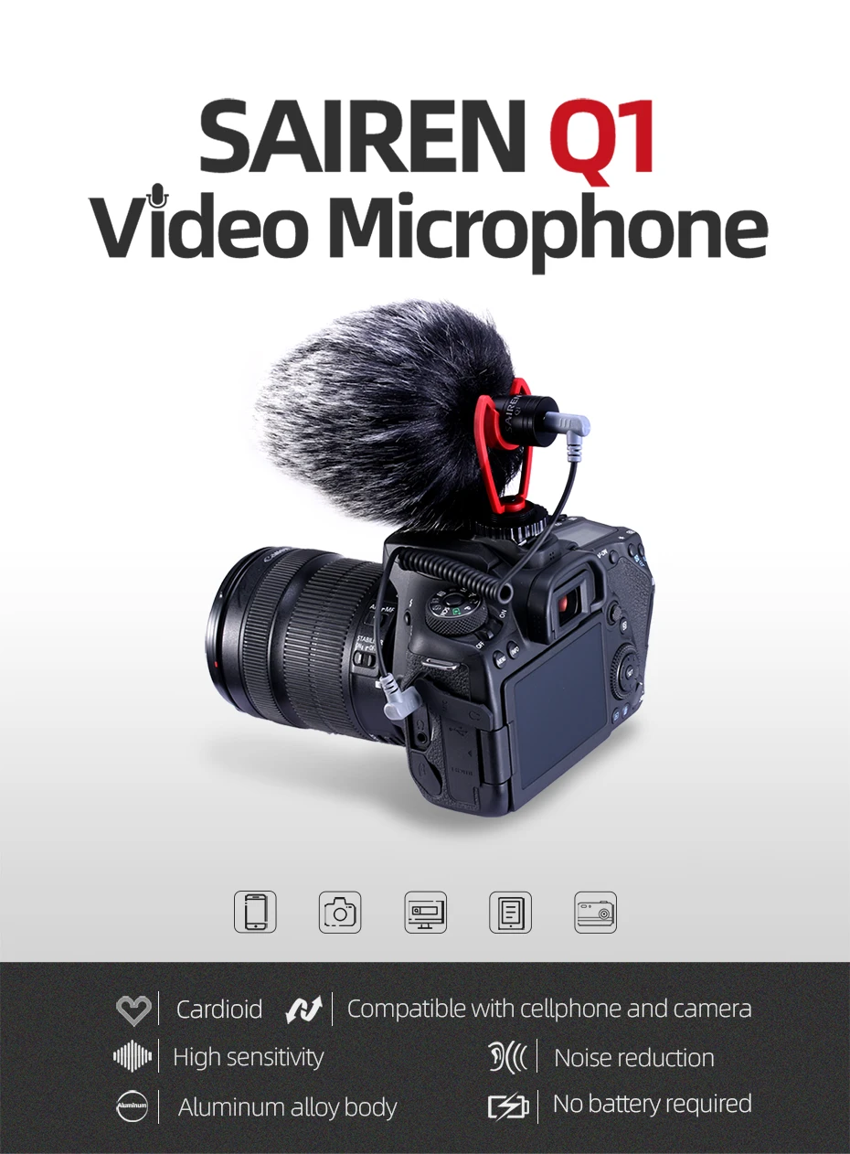 SAIREN VM-Q1 Shotgun Video Microphone On-Camera Mini Condenser Record Interview Vlog Mic for Phone DSLR Osmo Pocket Mobile