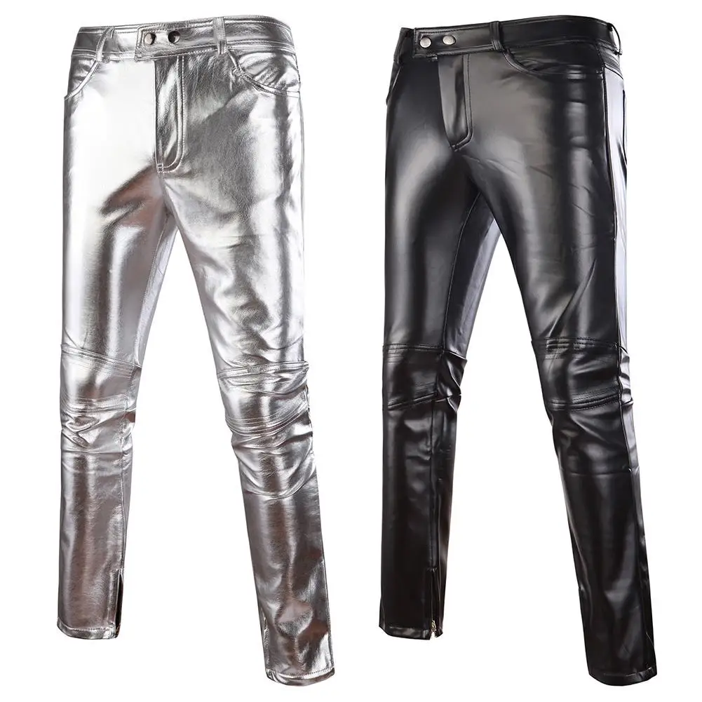 Mens Skinny Shiny Gold Silver Black PU Leather Pants Motorcycle Men Nightclub Stage Pants for Singers Dancers Casual Trousers