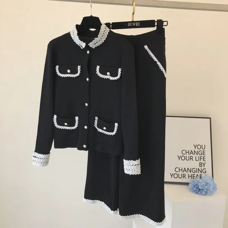 

Amolapha Women Knit Pockets Lace Coats Jackets+Pants Sets Long Sleeve Single Breasted Woman Sweater Tops Trousers Suit