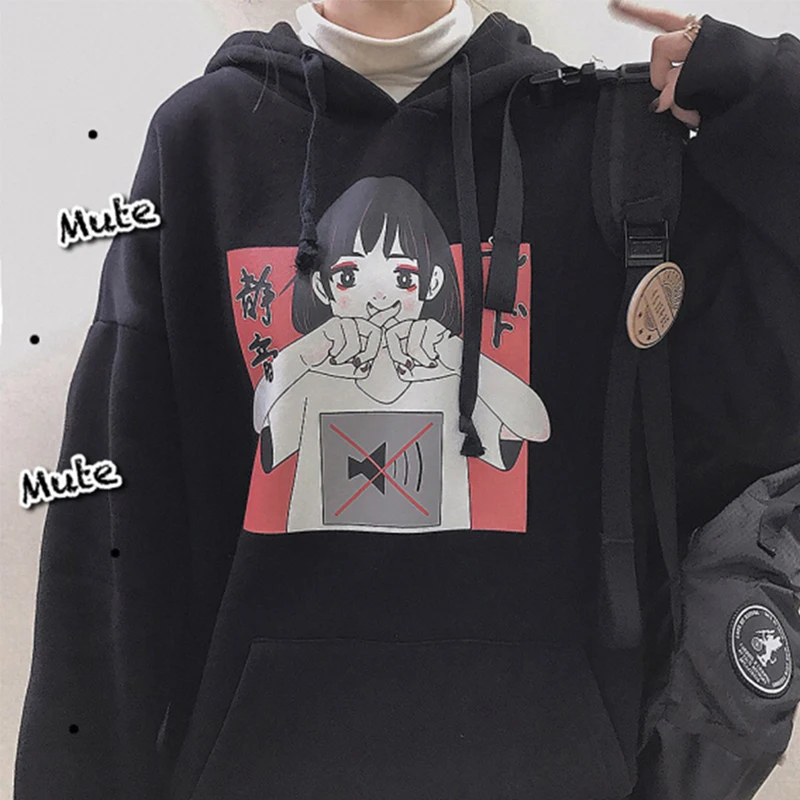 Black Забавный принт с героями мультфильмов; парная Толстовка Harajuku; сезон весна-осень; Новинка; Kawaii; Японская уличная одежда; Повседневная Толстовка большого размера - Цвет: Black