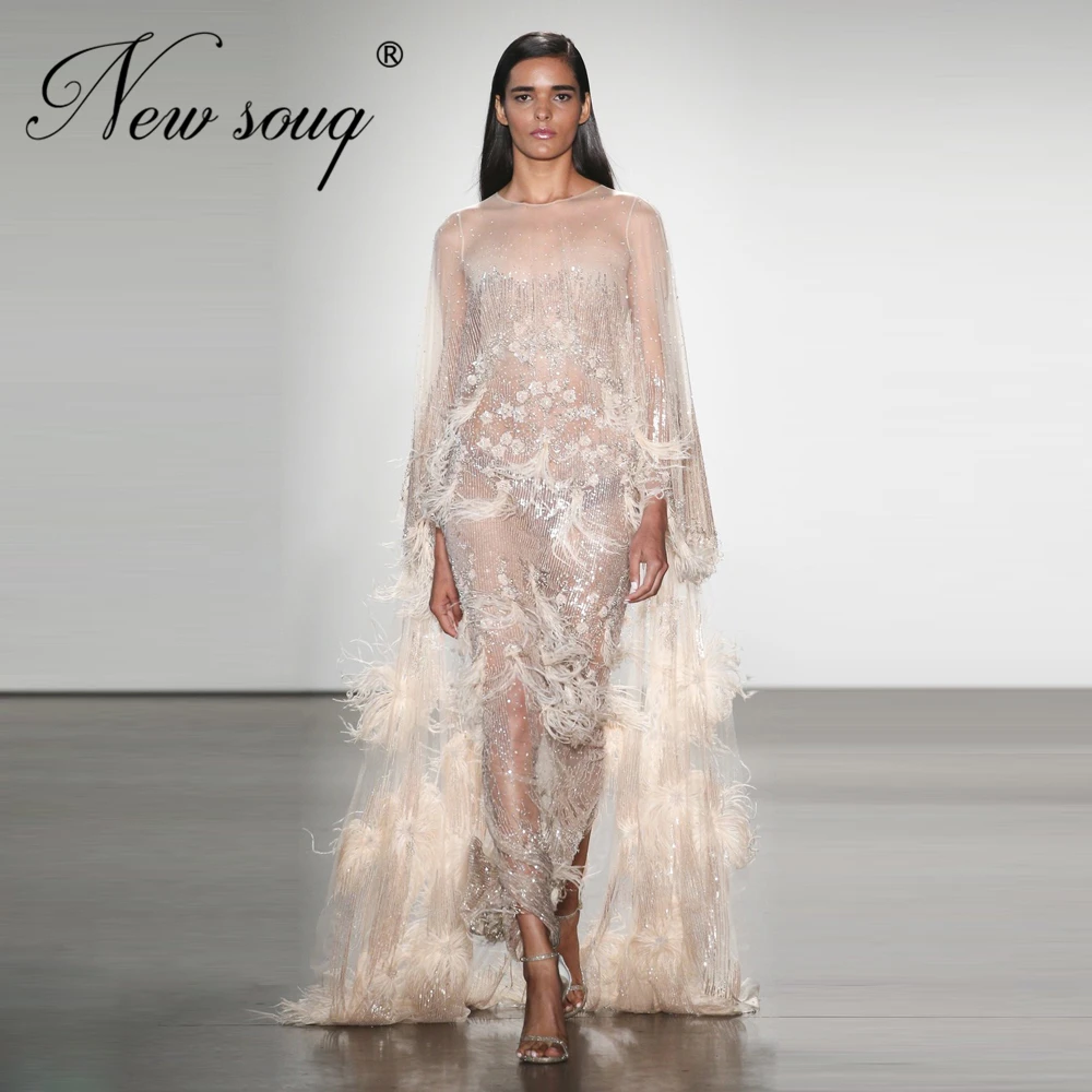Sexy See Through Feathers Evening Dress Sequins Beading Middle East Long Prom Dresses Kaftans Couture New Girl Gown Celebrity | Свадьбы и