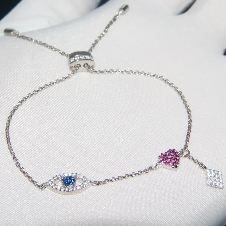 Браслет из стерлингового серебра 925 пробы с голубым кристаллом в виде глаза, модный красный браслет в форме сердца, браслеты для женщин, Индивидуальные ювелирные изделия