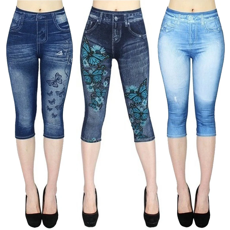 

Jeggings For Women's Short Leggings 4\3 Perfect fit Faux Jeans Legging Summer Breeches Stretch High Waist Capri Pants Printed