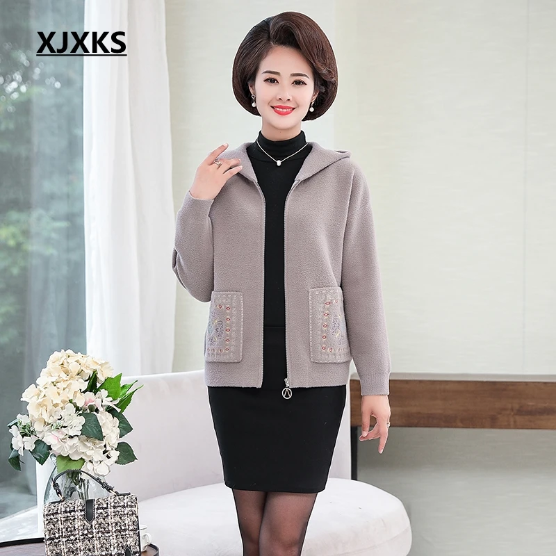 XJXKS Ropa De Mujer Oto O Invierno плюс размер кардиган Повседневный на молнии карманы с капюшоном с длинным рукавом женский свитер пальто - Цвет: Серый