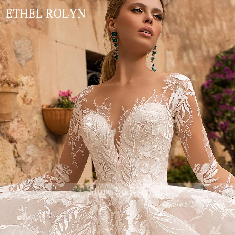 ETHEL ROLYN V-neckline Sexy Backless Romantic Princess Wedding Dress Long Sleeve Tulle Appliques Wedding Gowns vestido de novia