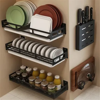 

Kitchen storage shelf box stainless steel dish knife storage black plate drying rack corner rack kitchen utensils set