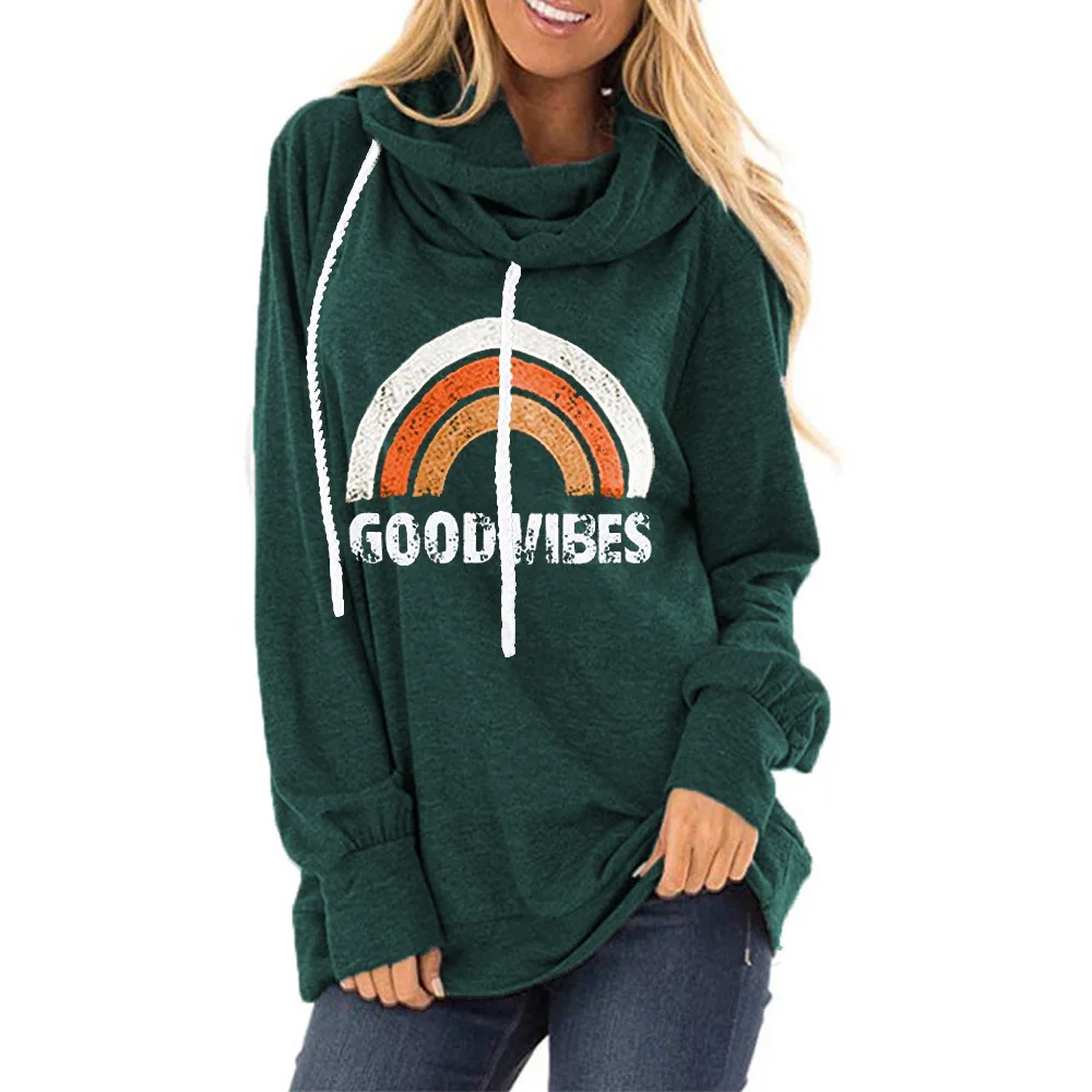 

GOOD VIBES Hoodies Plus Size Women Rainbow Print Sweatshirt Kawaii Korean Womens Clothing 2020 Print Pullovers Harajuku