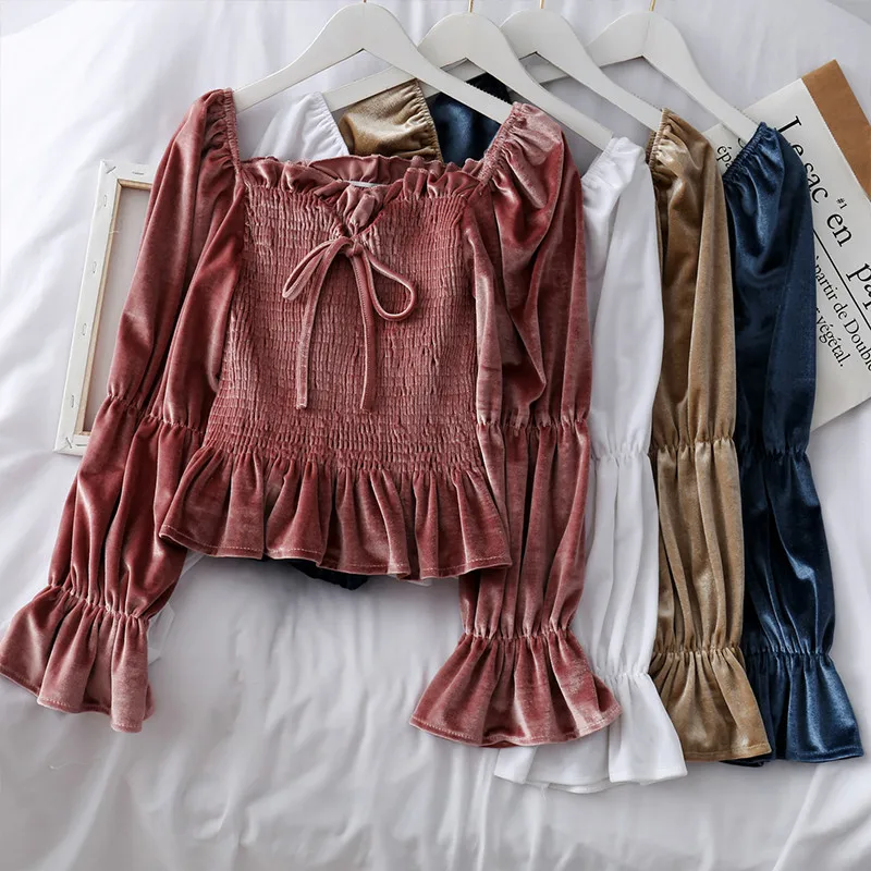 New Spring Autumn Women Slash Neck Velvet Shirt Tie Bow Ruffle Blouse Female Flare Sleeve Blouses Bottoming Short Tops AB1693